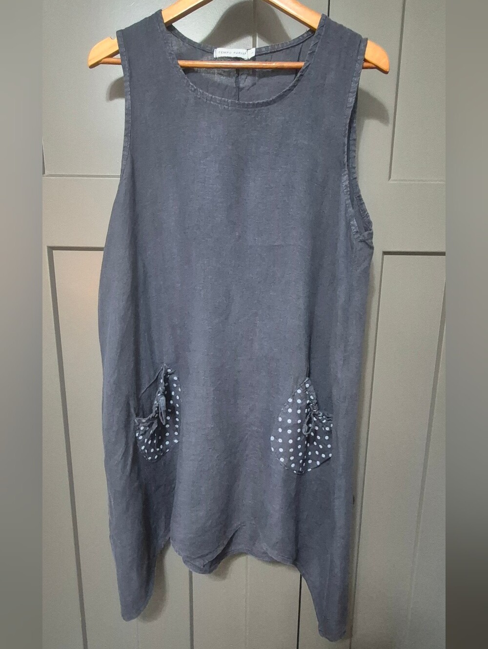 Tempo Paris Made in Italy 100% Linen Sleeveless Lagenlook Tunic Dress L Navy - Picture 2 of 10